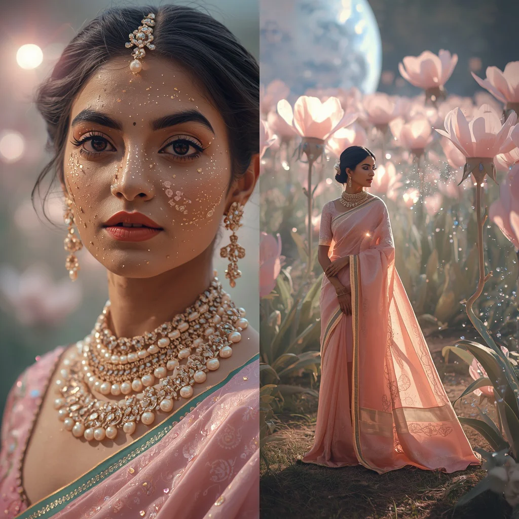 Festive Pastel Saree Diamond Meteor Blossom Garden Collage | prompt ai