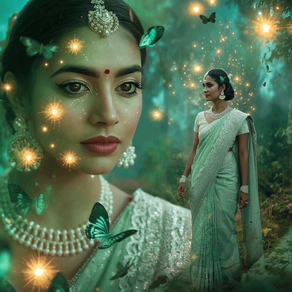 Festive Pastel Saree Emerald Butterfly Solar Kingdom Collage Prompt | saree woman ai prompt