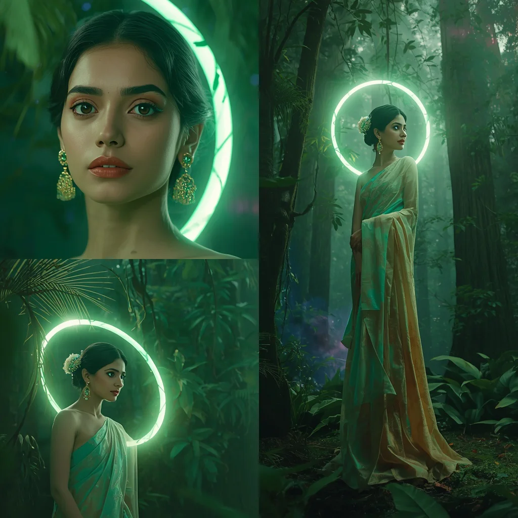 Festive Pastel Saree Emerald Halo Rainforest Universe Collage | saree ai prompt