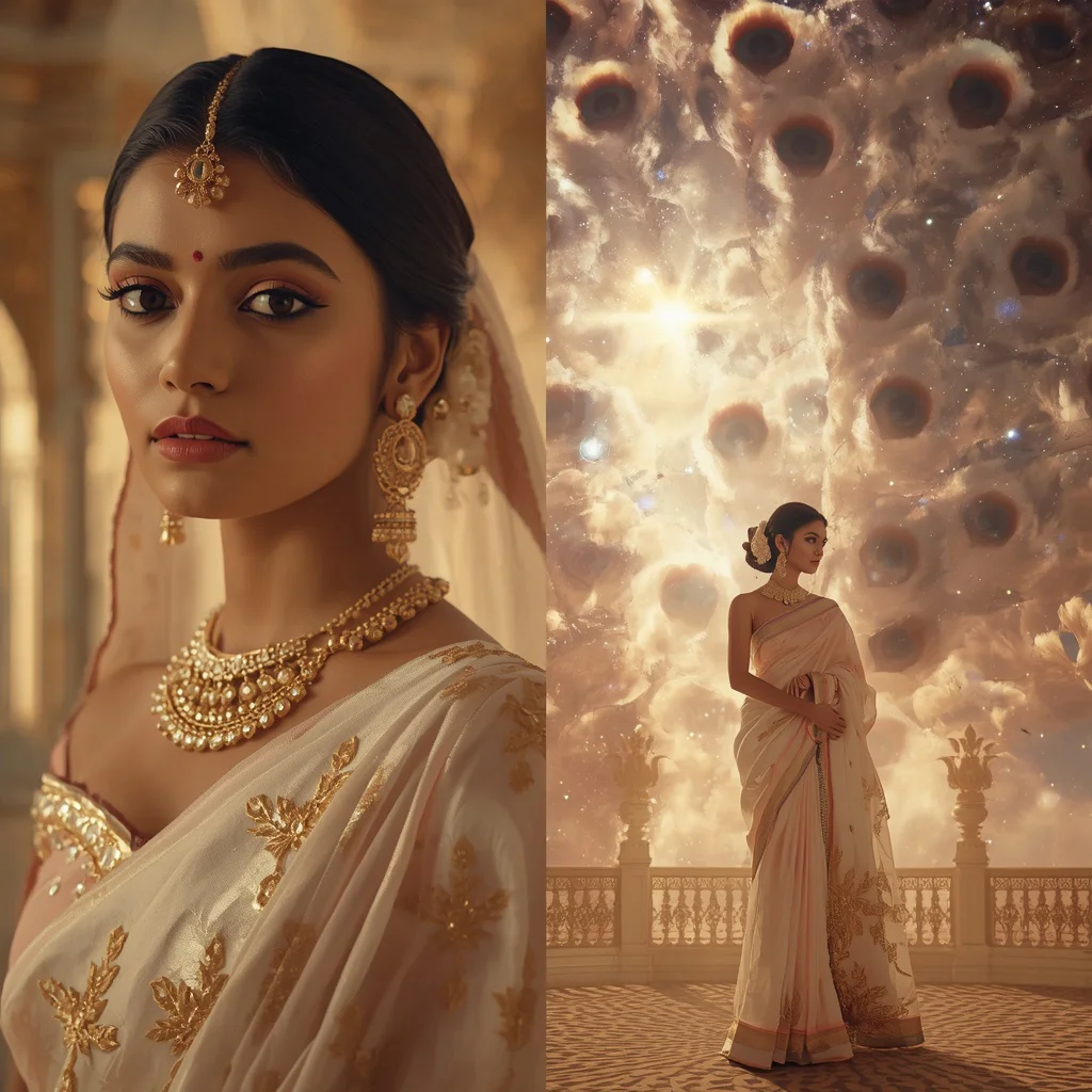 Festive Pastel Saree Golden Nebula Peacock Palace Collage | ai prompt generator
