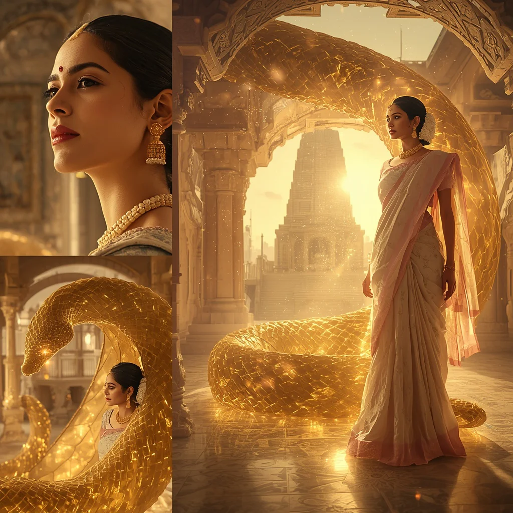 Festive Pastel Saree Golden Solar Serpent Temple Collage | gemini prompt