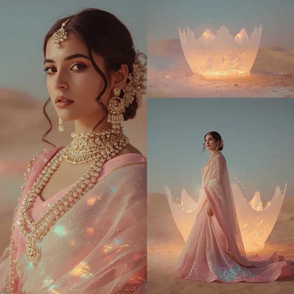 Festive Pastel Saree Opaline Galaxy Crown Desert Collage | prompt seen trending 2026 instagram