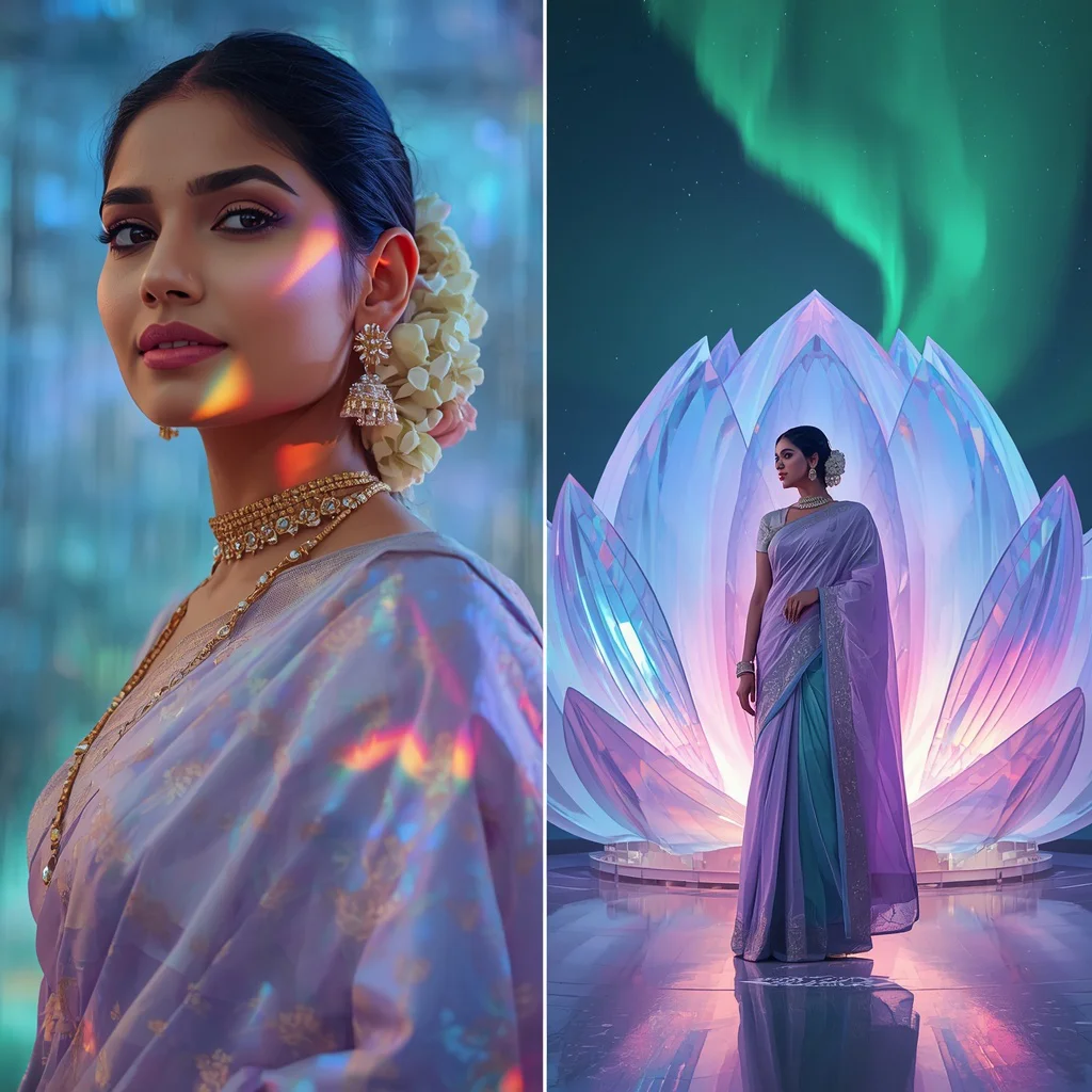 Festive Pastel Saree Prism Aurora Lotus Observatory Collage | saree girl ai prompt