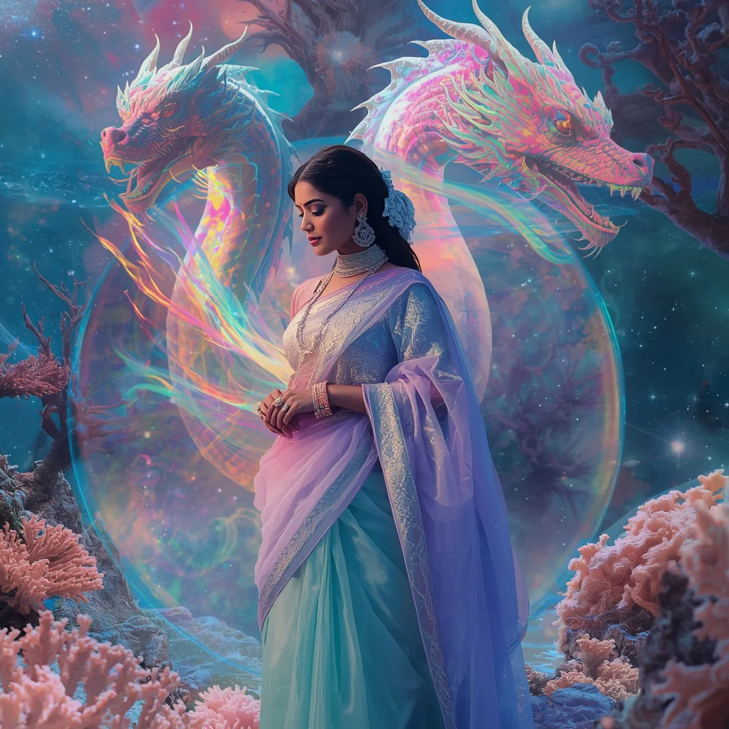 Festive Pastel Saree Prism Dragon Coral Universe Collage Prompt | photo prompt trending