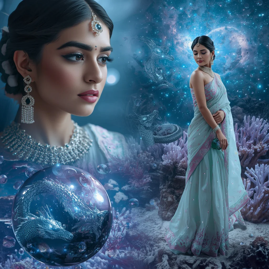 Festive Pastel Saree Sapphire Moonstone Dragon Reef Collage | prompt seen trending 2026