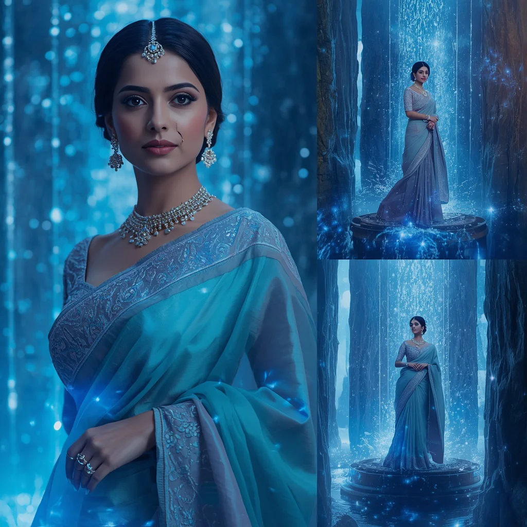 Festive Pastel Saree Sapphire Starlight Waterfall Citadel Collage | prompt ai