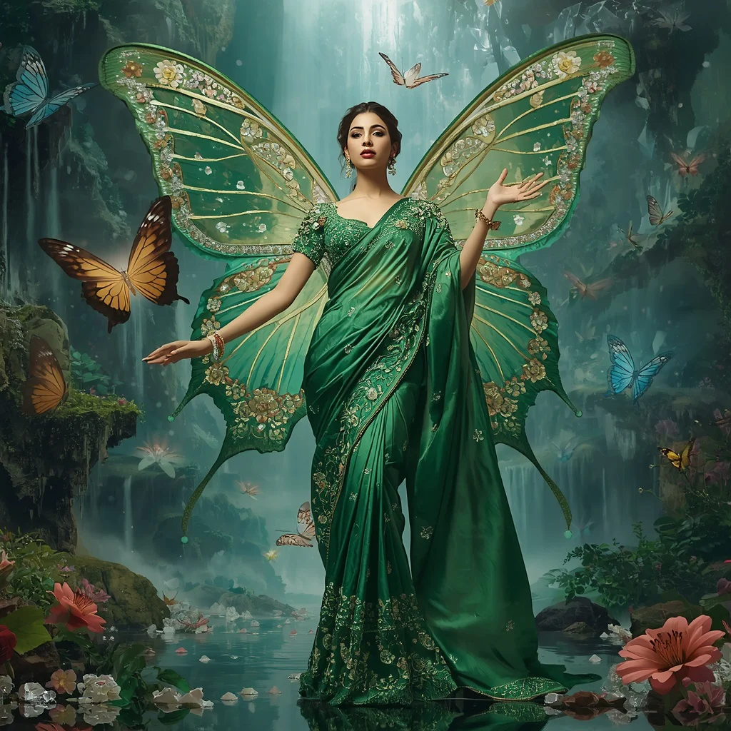 Giant Luxury Crystal Butterfly Crystal Temple Saree with Floating Paradise Realm | trending saree gemini prompt instagram