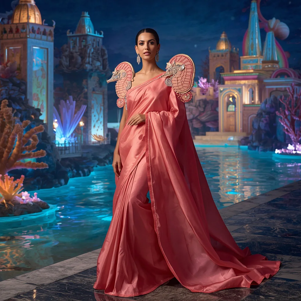 Giant Luxury Crystal Coral Seahorse Saree with Rainbow Ocean Dynasty | desi saree ai prompt