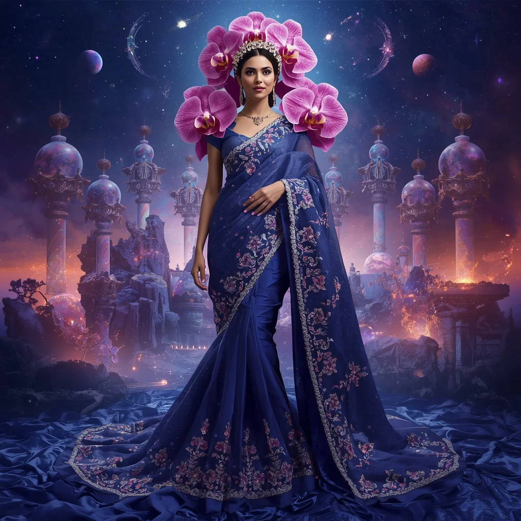 Giant Luxury Crystal Orchid Crown Galaxy Saree with Sapphire Cosmic Capital | prompt seen trending 2026