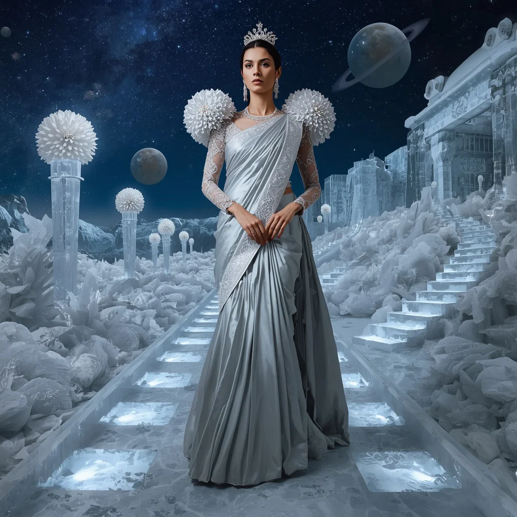Giant Luxury Crystal Silver Dahlia Observatory Saree with Frozen Star Kingdom | new prompt
